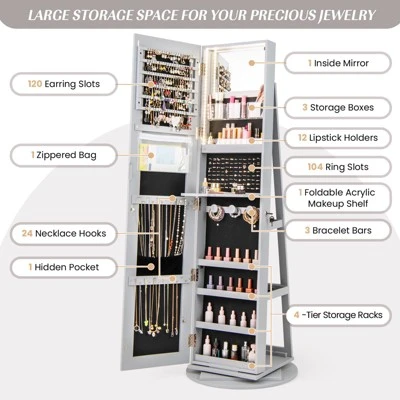 Tangkula 360° Rotating Mirrored Jewelry Cabinet Armoire 3 Color LED Modes Lockable Gray 9 Tangkula 360° Rotating Mirrored Jewelry Cabinet Armoire 3 Color LED Modes Lockable Gray - Image 9