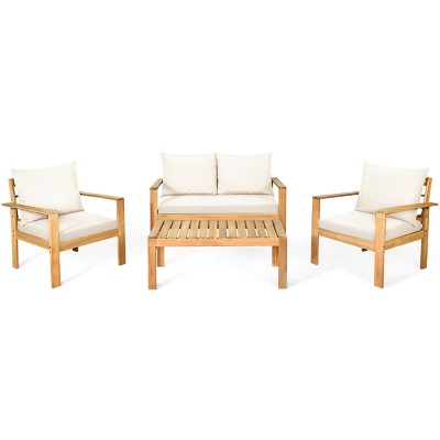 Tangkula 4PCS Patio Acacia Wood Conversation Furniture Set W/ Off White Cushions 5 Tangkula 4PCS Patio Acacia Wood Conversation Furniture Set W/ Off White Cushions - Image 5
