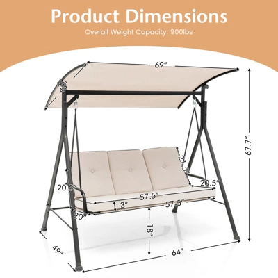 Tangkula 3PCS Hammock Chair Patio Porch Swing W/ Adjustable Canopy Removable Pads 4 Tangkula 3PCS Hammock Chair Patio Porch Swing W/ Adjustable Canopy Removable Pads - Image 4