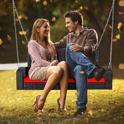 Tangkula Outdoor Wicker Porch Swing Bench 2-Person Patio Rattan Swing Chair W/ Soft Cushions White/Turquoise/Red/Black 3 Tangkula Outdoor Wicker Porch Swing Bench 2-Person Patio Rattan Swing Chair W/ Soft Cushions White/Turquoise/Red/Black - Image 3