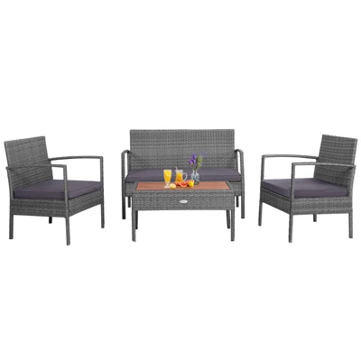 Tangkula Patio Rattan 4PCS Cushioned Chair Side Table Set Bistro Set Classic Furniture Single Sofa Thick Cushion Loveseat For Garden Black/Grey 8 Tangkula Patio Rattan 4PCS Cushioned Chair Side Table Set Bistro Set Classic Furniture Single Sofa Thick Cushion Loveseat For Garden Black/Grey - Image 8