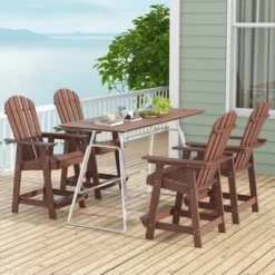 Tangkula Tall Adirondack Chair HDPE Outdoor Bar Stools With Armrests 4.5” Wide Footrest Patio Adirondack Barstools All-Weather Balcony Chairs Brown -Tangkula Shop GUEST 0f7b5763 9008 4061 a560 b5b04aab91db