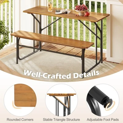 Tangkula Patio Table Bench Set For 2 Picnic Table & Loveseat W/Acacia Wood Top Metal Legs 3 Tangkula Patio Table Bench Set For 2 Picnic Table & Loveseat W/Acacia Wood Top Metal Legs - Image 3