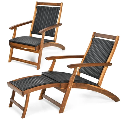 Tangkula 2-Piece Patio Folding Rattan Chaise Lounge Chair Set with Acacia Wood Frame 9 Tangkula 2-Piece Patio Folding Rattan Chaise Lounge Chair Set with Acacia Wood Frame - Image 9