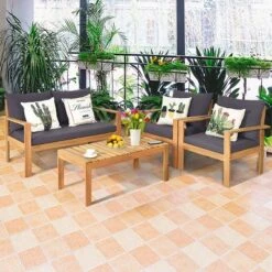 Tangkula 8PCS Cushioned Wooden Conversation Set Patio Outdoor Furniture Set