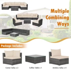 Tangkula 7-Piece Outdoor Rattan Sectional Sofa Set with Tempered Glass Table