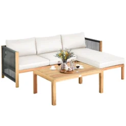 Tangkula 3PCS Patio Acacia Wood Sofa Furniture Set Thick Cushion W/ Nylon Rope Armrest Gray/White -Tangkula Shop GUEST 104b1f49 aaa4 4f15 8a8a 47edb15c7b55