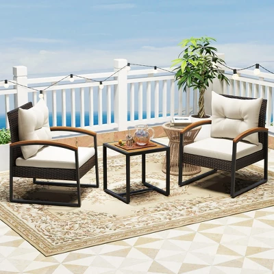 Tangkula 3-Piece Patio Furniture Set: PE Wicker Conversation Set with Acacia Wood Table 2 Tangkula 3-Piece Patio Furniture Set: PE Wicker Conversation Set with Acacia Wood Table - Image 2