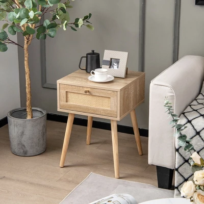 Tangkula 2 PCS Nightstand Bedside Sofa Table With Rattan Drawer For Bedroom & Living Room 3 Tangkula 2 PCS Nightstand Bedside Sofa Table With Rattan Drawer For Bedroom & Living Room - Image 3