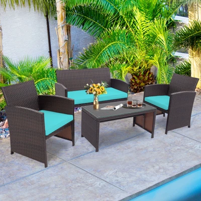 Tangkula 4PCS Outdoor Patio Furniture Sets Weather-Resistant Rattan Sofas W/ Soft Cushion Turquoise 2 Tangkula 4PCS Outdoor Patio Furniture Sets Weather-Resistant Rattan Sofas W/ Soft Cushion Turquoise - Image 2