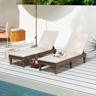 Tangkula 2PCS Patio Lounge Chair Recliner Chair W/ 3-Position Adjustable Backrest & Cushion Brown & White 1 Tangkula 2PCS Patio Lounge Chair Recliner Chair W/ 3-Position Adjustable Backrest & Cushion Brown & White