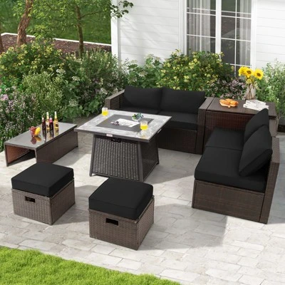 Tangkula 9 Pieces Outdoor Patio Furniture Set With 35" Propane Fire Pit Table Wicker Sectional Sofa Set W/ Storage Box Black/Gray/Navy/Red/Turquoise/Off White 2 Tangkula 9 Pieces Outdoor Patio Furniture Set With 35" Propane Fire Pit Table Wicker Sectional Sofa Set W/ Storage Box Black/Gray/Navy/Red/Turquoise/Off White - Image 2