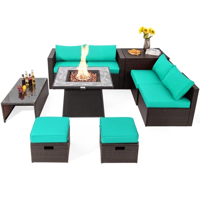 Tangkula 9 Pieces Outdoor Patio Furniture Set With 35" Propane Fire Pit Table Wicker Sectional Sofa Set W/ Storage Box Black/Gray/Navy/Red/Turquoise/Off White 15 Tangkula 9 Pieces Outdoor Patio Furniture Set With 35" Propane Fire Pit Table Wicker Sectional Sofa Set W/ Storage Box Black/Gray/Navy/Red/Turquoise/Off White - Image 15