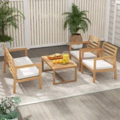 Tangkula 4 PCS Wood Patio Conversation Set Patio Furniture Set W/Seat Cushions Sturdy Acacia Wood Frame