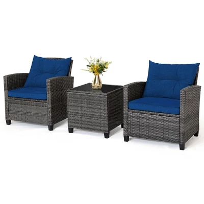 Tangkula 3-Piece Outdoor Wicker Conversation Set with Navy Cushions 10 Tangkula 3-Piece Outdoor Wicker Conversation Set with Navy Cushions - Image 10