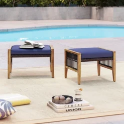 Tangkula 2-Piece Acacia Wood Outdoor Patio Ottoman Set with Thickened Removable Cushions