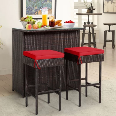 Tangkula 3-Piece Patio Wicker Rattan Bar Set with Shelved Table and Red Cushioned Stools 2 Tangkula 3-Piece Patio Wicker Rattan Bar Set with Shelved Table and Red Cushioned Stools - Image 2