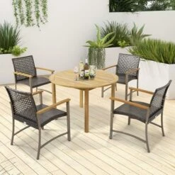 Tangkula Outdoor Rattan Chair Set Of 4 Patio PE Wicker Dining Chairs W/ Acacia Wood Armrests Balcony Poolside