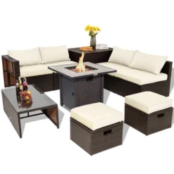 Tangkula 9 PCS Outdoor Patio Furniture Set W/ 30" Propane Fire Pit Table PE Wicker Space-Saving Sectional Sofa W/ Storage Box And Cushions Black/Gray/Navy/Red/Turquoise/Off White -Tangkula Shop GUEST 1481ddca 210f 476a ab93 4dbd35cc6c94