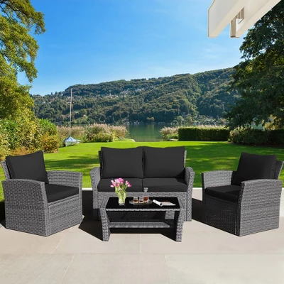 Tangkula 4-Piece Patio Rattan Conversation Set with Black Cushions & Coffee Table 1 Tangkula 4-Piece Patio Rattan Conversation Set with Black Cushions & Coffee Table