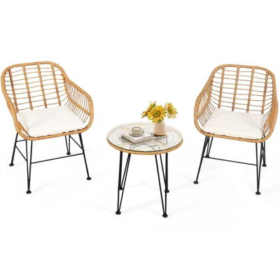 Tangkula 3 Pieces Patio Furniture Set W/Tempered Glass Coffee Table Set For Garden And Backyard White/Red/Turquoise/Grey/Black Cushions 9 Tangkula 3 Pieces Patio Furniture Set W/Tempered Glass Coffee Table Set For Garden And Backyard White/Red/Turquoise/Grey/Black Cushions - Image 9