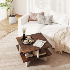 Tangkula 2-Tier Square Coffee Table 24" Living Room Center Table With 4 Storage Compartments
