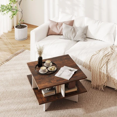 Tangkula 2-Tier Square Coffee Table 24" Living Room Center Table With 4 Storage Compartments 1 Tangkula 2-Tier Square Coffee Table 24" Living Room Center Table With 4 Storage Compartments