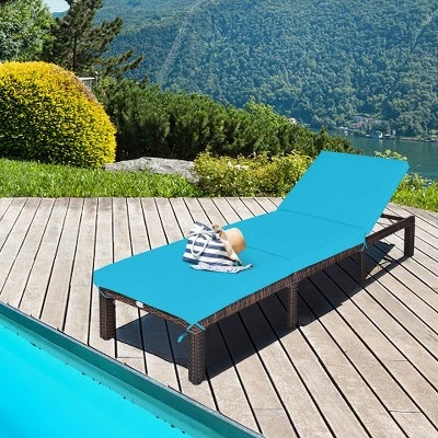 Tangkula 2-Piece Outdoor Rattan Chaise Lounge Set with Turquoise Cushions 2 Tangkula 2-Piece Outdoor Rattan Chaise Lounge Set with Turquoise Cushions - Image 2