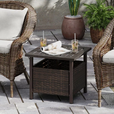 Tangkula Outdoor Side Table With 1.93" Umbrella Hole All-Weather PE Wicker Patio Umbrella Table With Rustproof Frame 1 Tangkula Outdoor Side Table With 1.93" Umbrella Hole All-Weather PE Wicker Patio Umbrella Table With Rustproof Frame