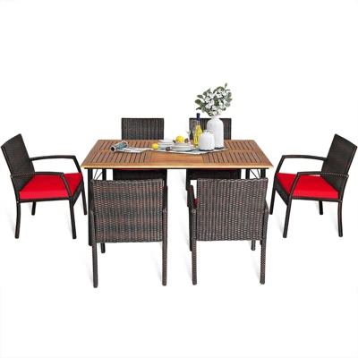 Tangkula 7-Piece Outdoor Patio Dining Set - Acacia Wood Table & Wicker Armchairs 8 Tangkula 7-Piece Outdoor Patio Dining Set - Acacia Wood Table & Wicker Armchairs - Image 8