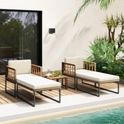 Tangkula 4PCS Outdoor Chaise Lounge Chair Acacia Wood Heavy Duty 1200 Lbs Weight Capacity