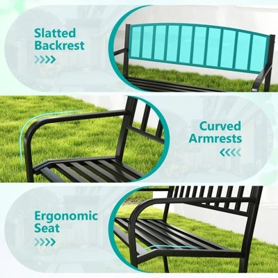 Tangkula 50-Inch Metal Garden Bench with Slatted Backrest and Curved Armrests 7 Tangkula 50-Inch Metal Garden Bench with Slatted Backrest and Curved Armrests - Image 7