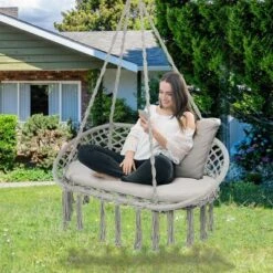 Tangkula 2-Person Hanging Macrame Hammock Chair Swing with Plush Cushion