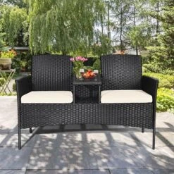 Tangkula Outdoor Rattan Wicker Patio Conversation Chair with Built-in Table