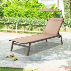 Tangkula Adjustable Outdoor Chaise Lounge with Sun Canopy and Cup Holder