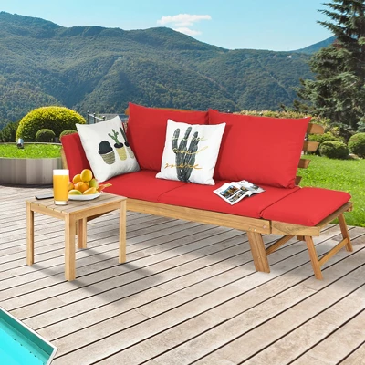 Tangkula Adjustable Patio Sofa Daybed Acacia Wood Furniture W/ Red Cushions 2 Tangkula Adjustable Patio Sofa Daybed Acacia Wood Furniture W/ Red Cushions - Image 2