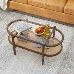 Tangkula 2-Tier Acacia Wood Coffee Table Mid-Century Modern Rectangular Center Table With Glass Tabletop And Imitation Rattan Storage Shelf -Tangkula Shop GUEST 17367834 0388 45b4 8ccd 61758e9cc167