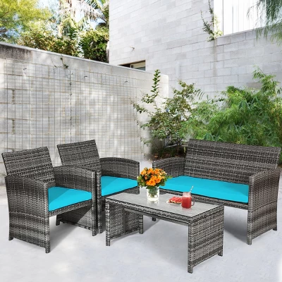 Tangkula 4-Piece Rattan Wicker Outdoor Patio Conversation Set - Turquoise 2 Tangkula 4-Piece Rattan Wicker Outdoor Patio Conversation Set - Turquoise - Image 2