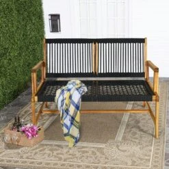 Tangkula 2-Person Acacia Wood & Woven Rope Patio Loveseat