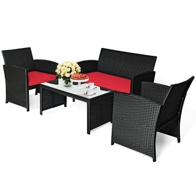 Tangkula 4-Piece Outdoor Patio Rattan Furniture Set - Red Cushions 6 Tangkula 4-Piece Outdoor Patio Rattan Furniture Set - Red Cushions - Image 6