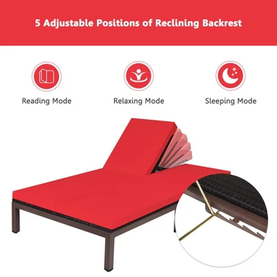 Tangkula Adjustable Patio Rattan 2 Person Recliner Lounge Chair W/ Red Cushion Wheel 2 Tangkula Adjustable Patio Rattan 2 Person Recliner Lounge Chair W/ Red Cushion Wheel - Image 2