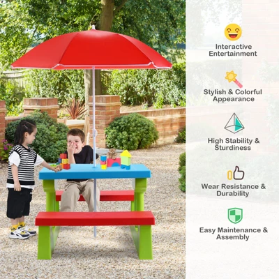 Tangkula Kids Picnic Table Set Indoor Outdoor Toddler Table With Bench & Removable Umbrella Portable Children Play Set 7 Tangkula Kids Picnic Table Set Indoor Outdoor Toddler Table With Bench & Removable Umbrella Portable Children Play Set - Image 7