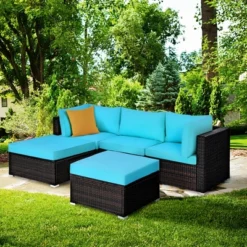 Tangkula 5-Piece Cushioned Rattan Patio Conversation Set with Versatile Ottomans