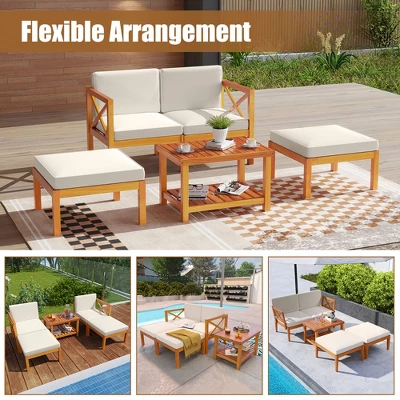 Tangkula 5 Pieces Patio Lounge Chair Set W/Ottomans Acacia Wood Patio Conversation Set W/Cushions Coffee Table Modular Outdoor Lounge Sofa Set 4 Tangkula 5 Pieces Patio Lounge Chair Set W/Ottomans Acacia Wood Patio Conversation Set W/Cushions Coffee Table Modular Outdoor Lounge Sofa Set - Image 4