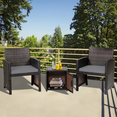 Tangkula 3 Pieces Outdoor PE Wicker Bistro Set With Waterproof Cover For Porch Balcony Garden And Poolside, Red/Off White/Grey/Turquoise 2 Tangkula 3 Pieces Outdoor PE Wicker Bistro Set With Waterproof Cover For Porch Balcony Garden And Poolside, Red/Off White/Grey/Turquoise - Image 2