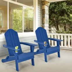 Tangkula 2PCS Patio Folding Adirondack Chairs with Cup Holder - Navy