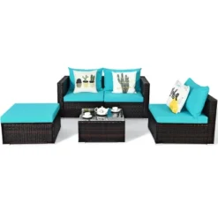 Tangkula 5PCS Patio Rattan Wicker Sofa Furniture Set Sectional Conversation Sofa Set Blue