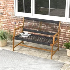 Tangkula Patio 2-Person Acacia Wood Bench with All-Weather Rope Weaving