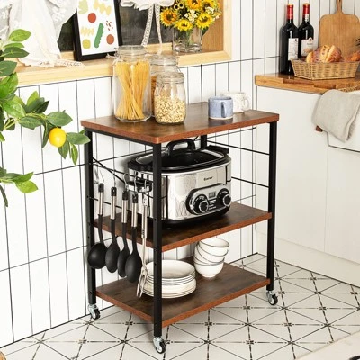 Tangkula Kitchen Baker's Rack 3-Tier Microwave Cart With Wheels&10 Hooks Rustic Brown/Maple/Vintage/Nut Brown 1 Tangkula Kitchen Baker's Rack 3-Tier Microwave Cart With Wheels&10 Hooks Rustic Brown/Maple/Vintage/Nut Brown