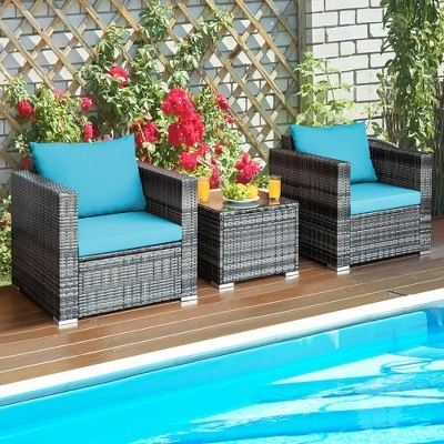 Tangkula 3PCS Rattan Patio Conversation Furniture Set Outdoor Yard W/ Turquoise Cushion 1 Tangkula 3PCS Rattan Patio Conversation Furniture Set Outdoor Yard W/ Turquoise Cushion